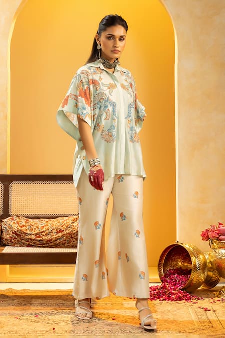 Shop_Soup By Sougat Paul_Aqua Chanderi Zari, Sequins Collared Rangtara Embellished Shirt With Pant _Online_at_Aza_Fashions