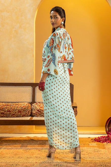 Shop_Soup By Sougat Paul_Blue Crepe Embroidery, Zari, Rangtara Printed Drape Dress And Embellished Jacket _at_Aza_Fashions