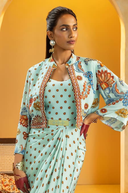 Soup By Sougat Paul_Blue Crepe Embroidery, Zari, Rangtara Printed Drape Dress And Embellished Jacket _Online_at_Aza_Fashions