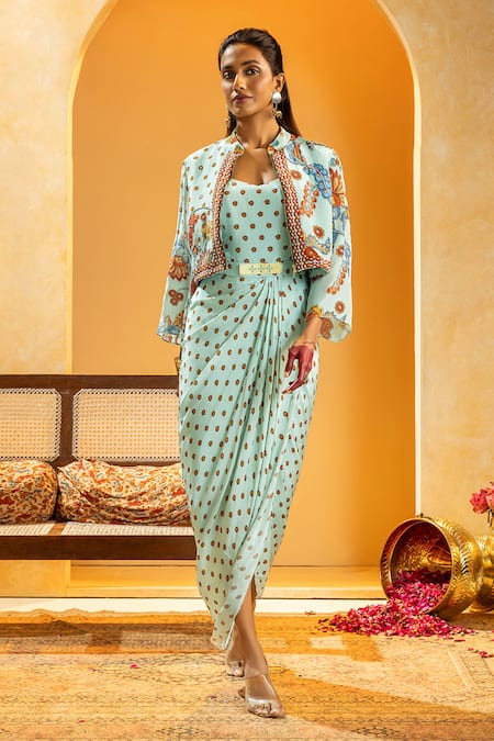 Soup By Sougat Paul Blue Crepe Embroidery, Zari, Rangtara Printed Drape Dress And Embellished Jacket 