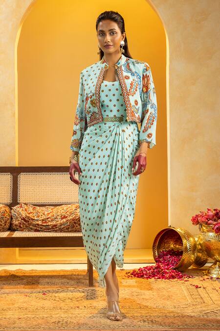 Buy_Soup By Sougat Paul_Blue Crepe Embroidery, Zari, Rangtara Printed Drape Dress And Embellished Jacket _Online_at_Aza_Fashions