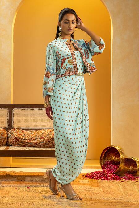Shop_Soup By Sougat Paul_Blue Crepe Embroidery, Zari, Rangtara Printed Drape Dress And Embellished Jacket _Online_at_Aza_Fashions