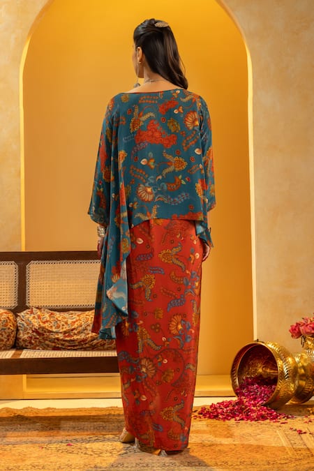 Shop_Soup By Sougat Paul_Blue Crepe Zari, Sequins Boat Rangtara Embellished Asymmetric Top And Skirt Set _at_Aza_Fashions