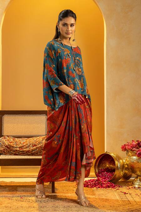 Buy_Soup By Sougat Paul_Blue Crepe Zari, Sequins Boat Rangtara Embellished Asymmetric Top And Skirt Set _Online_at_Aza_Fashions