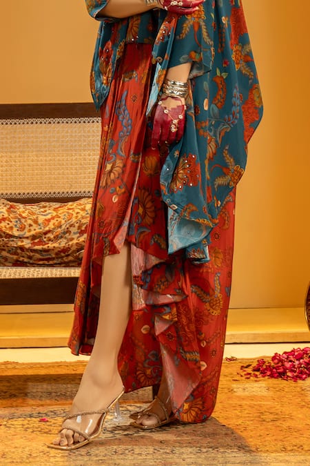 Shop_Soup By Sougat Paul_Blue Crepe Zari, Sequins Boat Rangtara Embellished Asymmetric Top And Skirt Set _Online_at_Aza_Fashions