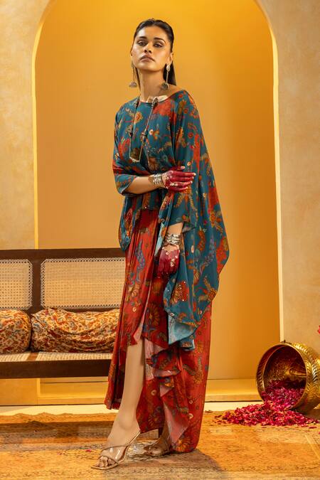 Soup By Sougat Paul_Blue Crepe Zari, Sequins Boat Rangtara Embellished Asymmetric Top And Skirt Set _at_Aza_Fashions