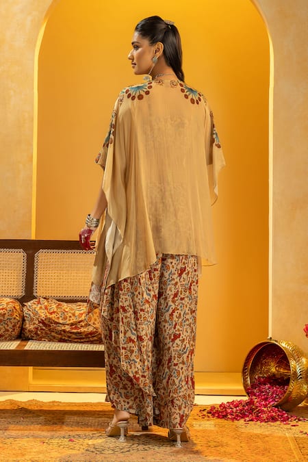 Shop_Soup By Sougat Paul_Beige Crepe Zari, Sequins Sweetheart , Open Rangtara And Cape Set _at_Aza_Fashions