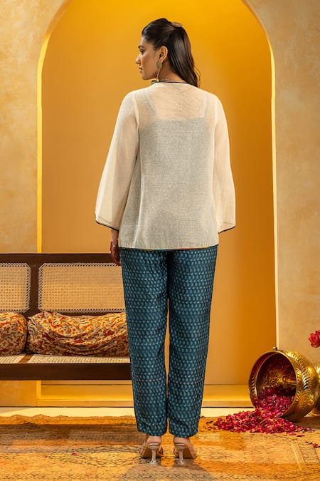 Shop_Soup By Sougat Paul_Off White Cotton, Net, Silk Applique, Zari, Sequins Rangtara Top And Pant Set _at_Aza_Fashions