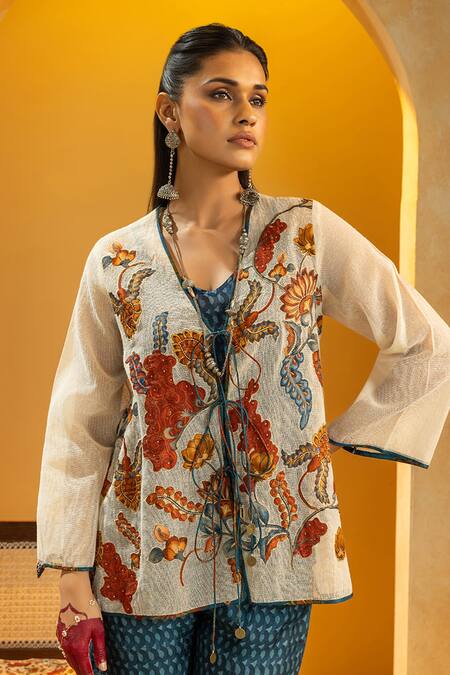 Buy_Soup By Sougat Paul_Off White Cotton, Net, Silk Applique, Zari, Sequins Rangtara Top And Pant Set _Online_at_Aza_Fashions