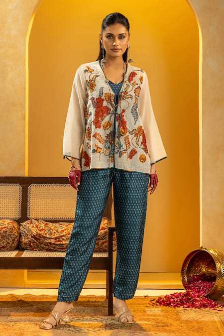 Soup By Sougat Paul Off White Cotton, Net, Silk Applique, Zari, Sequins Rangtara Top And Pant Set 