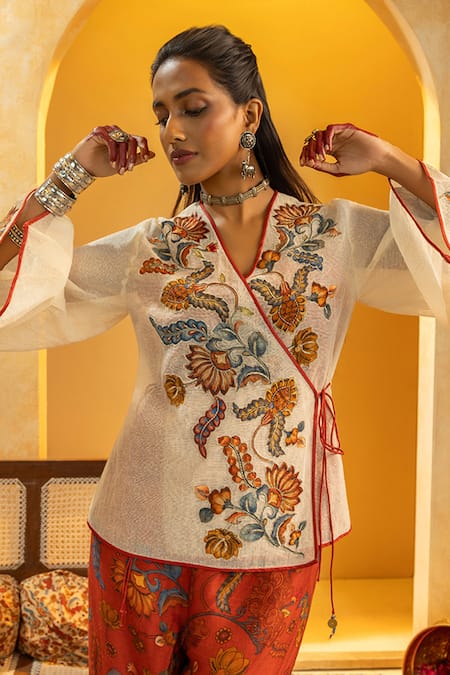 Soup By Sougat Paul_Off White Silk Applique, Zari, Sequins Rangtara Angarkha Top And Printed Pant Set _Online_at_Aza_Fashions