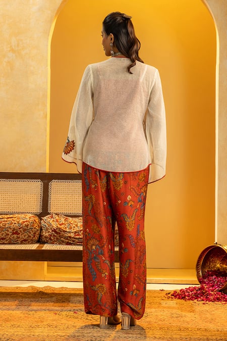 Shop_Soup By Sougat Paul_Off White Silk Applique, Zari, Sequins Rangtara Angarkha Top And Printed Pant Set _at_Aza_Fashions