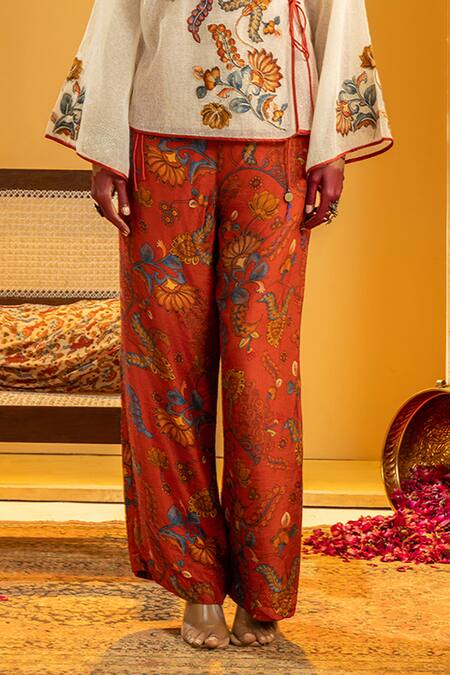 Buy_Soup By Sougat Paul_Off White Silk Applique, Zari, Sequins Rangtara Angarkha Top And Printed Pant Set _Online_at_Aza_Fashions