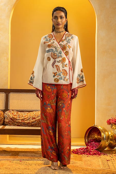 Shop_Soup By Sougat Paul_Off White Silk Applique, Zari, Sequins Rangtara Angarkha Top And Printed Pant Set _Online_at_Aza_Fashions