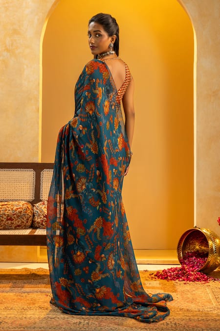 Shop_Soup By Sougat Paul_Red Silk, Organza Zari, Sequins V-neck Rangtara And Pre-draped Saree Set _at_Aza_Fashions