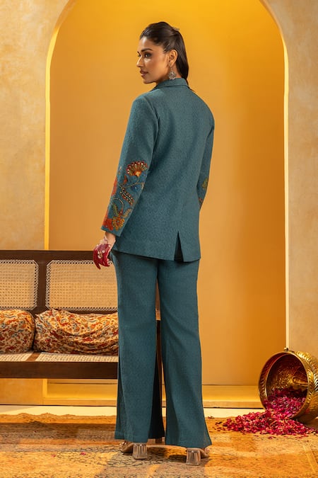 Shop_Soup By Sougat Paul_Blue Handloom Cotton Applique, Zari, Sequins Rangtara Blazer And Pant Set _at_Aza_Fashions