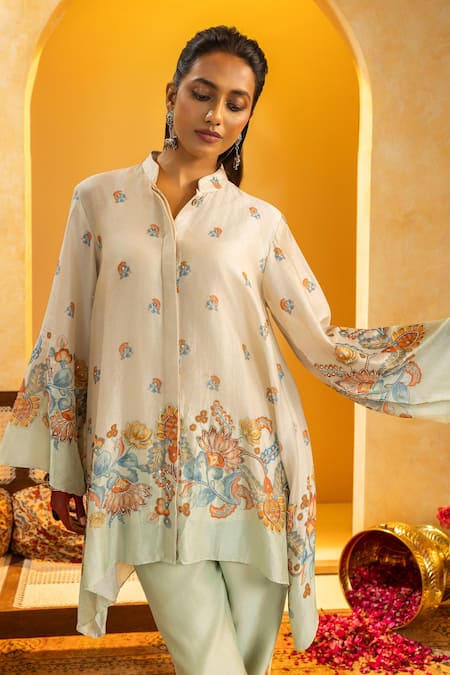 Buy_Soup By Sougat Paul_Off White Chanderi Zari, Sequins, Embroidery Mandarin Rangtara And Kurta Set _Online_at_Aza_Fashions