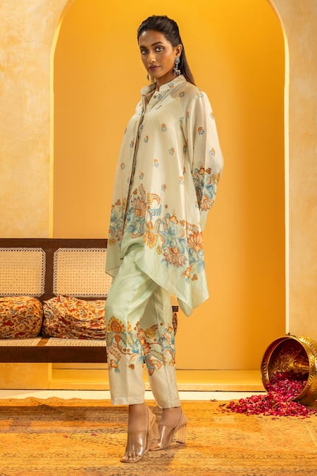 Shop_Soup By Sougat Paul_Off White Chanderi Zari, Sequins, Embroidery Mandarin Rangtara And Kurta Set _Online_at_Aza_Fashions