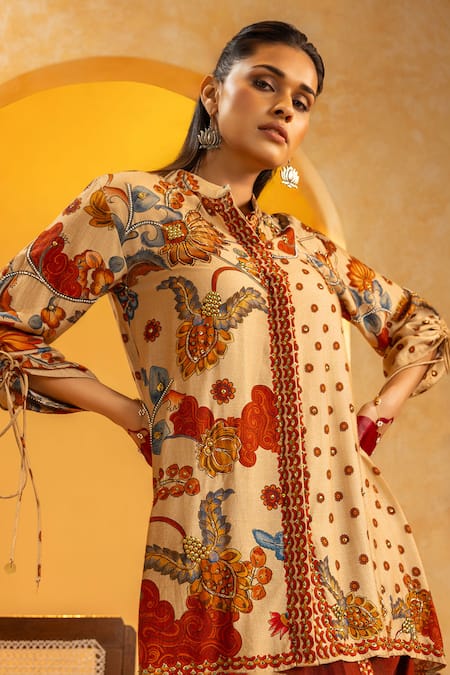 Shop_Soup By Sougat Paul_Beige Silk, Cotton Embroidery, Zari, Rangtara Embellished Kurta And Dhoti Pant Set _Online_at_Aza_Fashions