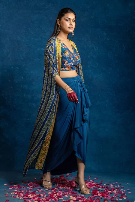 Soup By Sougat Paul_Blue Crepe Zari, Sequins V-neck, Aarani Embellished Bustier And Drape Skirt Set _Online_at_Aza_Fashions