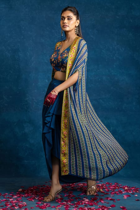 Buy_Soup By Sougat Paul_Blue Crepe Zari, Sequins V-neck, Aarani Embellished Bustier And Drape Skirt Set _Online_at_Aza_Fashions