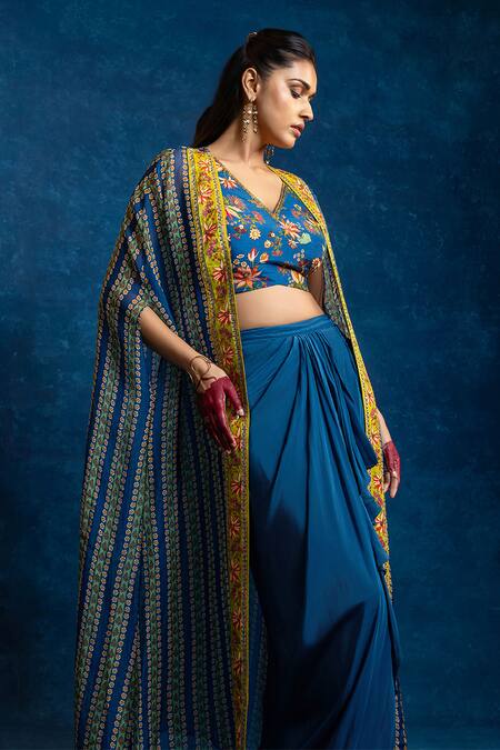 Shop_Soup By Sougat Paul_Blue Crepe Zari, Sequins V-neck, Aarani Embellished Bustier And Drape Skirt Set _Online_at_Aza_Fashions