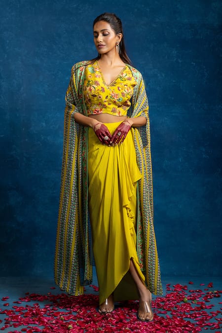 Soup By Sougat Paul Yellow Crepe Embroidery, Sequins, Zari Aarani Embellished Cape And Skirt Set 