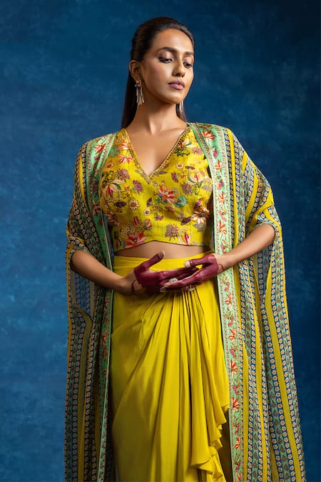 Soup By Sougat Paul Yellow Crepe Embroidery, Sequins, Zari Aarani Embellished Cape And Skirt Set Online at Aza Fashions Soup By Sougat Paul_Yellow Crepe Embroidery, Sequins, Zari Aarani Embellished Cape And Skirt Set _Online_at_Aza_Fashions