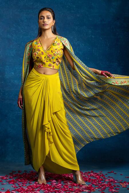 Buy Soup By Sougat Paul Yellow Crepe Embroidery, Sequins, Zari Aarani Embellished Cape And Skirt Set Online at Aza Fashions Buy_Soup By Sougat Paul_Yellow Crepe Embroidery, Sequins, Zari Aarani Embellished Cape And Skirt Set _Online_at_Aza_Fashions