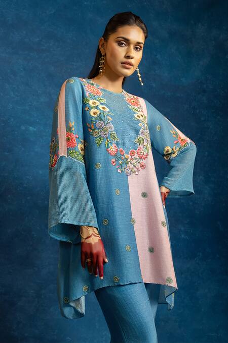 Soup By Sougat Paul_Blue Cotton, Net, Viscose, Linen Applique, Rangtara Kurta And Printed Pant Set _Online_at_Aza_Fashions
