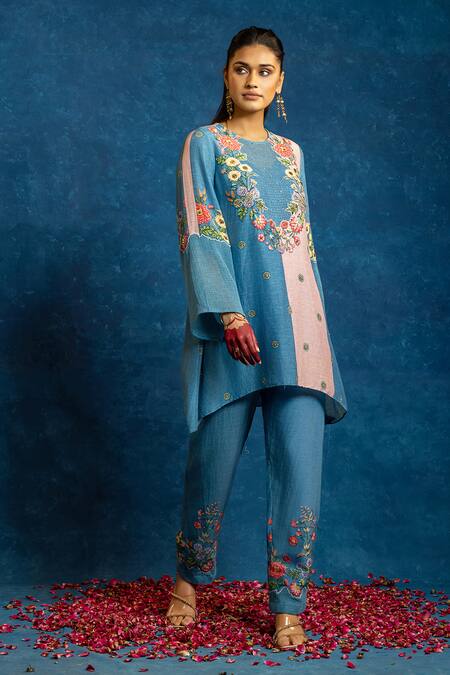 Buy_Soup By Sougat Paul_Blue Cotton, Net, Viscose, Linen Applique, Rangtara Kurta And Printed Pant Set _Online_at_Aza_Fashions