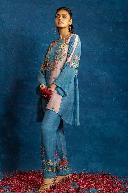 Shop_Soup By Sougat Paul_Blue Cotton, Net, Viscose, Linen Applique, Rangtara Kurta And Printed Pant Set _Online_at_Aza_Fashions