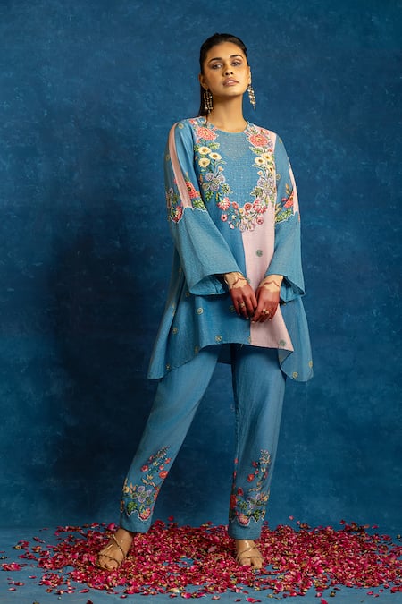 Soup By Sougat Paul Blue Cotton, Net, Viscose, Linen Applique, Rangtara Kurta And Printed Pant Set 