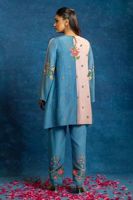 Shop_Soup By Sougat Paul_Blue Cotton, Net, Viscose, Linen Applique, Rangtara Kurta And Printed Pant Set _at_Aza_Fashions