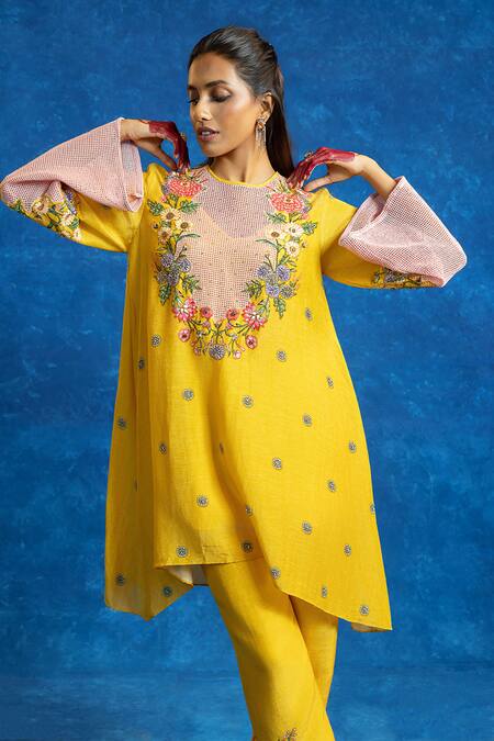Buy_Soup By Sougat Paul_Yellow Cotton, Net, Viscose, Linen Rangtara Colour-blocked Kurta And Pant Set _Online_at_Aza_Fashions