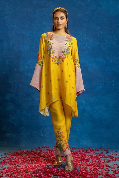 Soup By Sougat Paul Yellow Cotton, Net, Viscose, Linen Rangtara Colour-blocked Kurta And Pant Set 