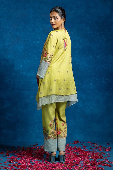 Shop_Soup By Sougat Paul_Yellow Kota Doria, Cotton Applique, Zari, Rangtara Kurta And Printed Pant Set _at_Aza_Fashions