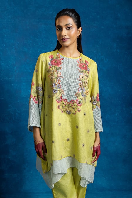Shop_Soup By Sougat Paul_Yellow Kota Doria, Cotton Applique, Zari, Rangtara Kurta And Printed Pant Set _Online_at_Aza_Fashions