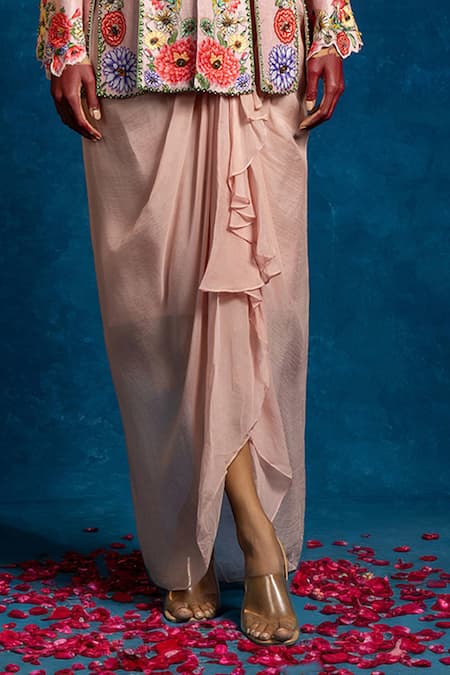Soup By Sougat Paul_Pink Silk, Organza Embroidery, Rangtara Embellished Peplum Top And Drape Skirt Set _Online_at_Aza_Fashions