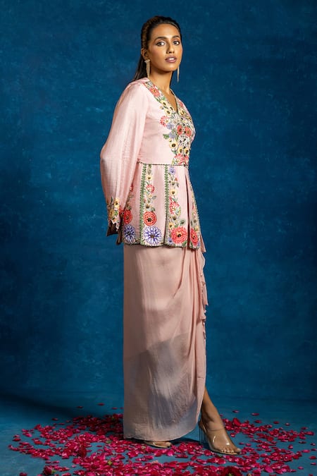 Buy_Soup By Sougat Paul_Pink Silk, Organza Embroidery, Rangtara Embellished Peplum Top And Drape Skirt Set _Online_at_Aza_Fashions