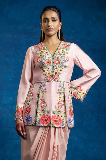 Shop_Soup By Sougat Paul_Pink Silk, Organza Embroidery, Rangtara Embellished Peplum Top And Drape Skirt Set _Online_at_Aza_Fashions