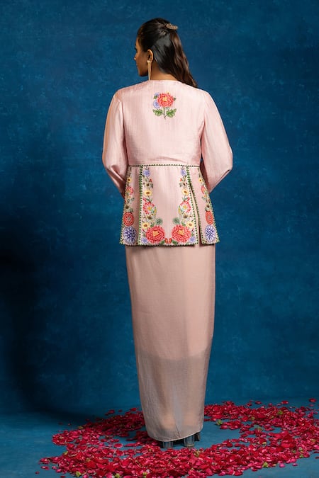 Shop_Soup By Sougat Paul_Pink Silk, Organza Embroidery, Rangtara Embellished Peplum Top And Drape Skirt Set _at_Aza_Fashions