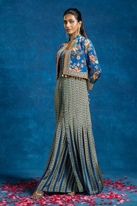 Soup By Sougat Paul_Blue Crepe Zari, Sequins Square Aarani Printed Jumpsuit And Embroidered Jacket Set _Online_at_Aza_Fashions
