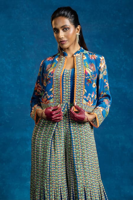 Buy_Soup By Sougat Paul_Blue Crepe Zari, Sequins Square Aarani Printed Jumpsuit And Embroidered Jacket Set _Online_at_Aza_Fashions