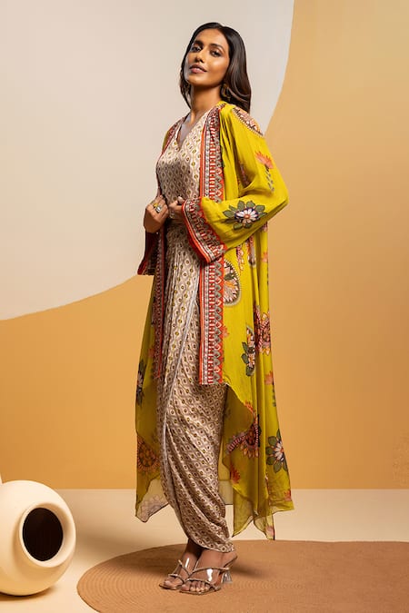 Soup By Sougat Paul_Cream Satin, Organza Zari, Taarani Printed Drape Dress With Embellished Jacket _Online_at_Aza_Fashions