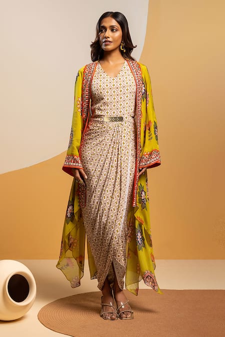 Soup By Sougat Paul Cream Satin, Organza Zari, Taarani Printed Drape Dress With Embellished Jacket 
