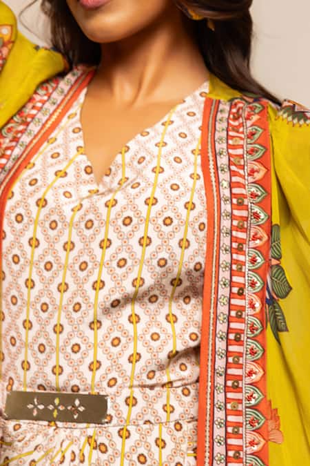 Buy_Soup By Sougat Paul_Cream Satin, Organza Zari, Taarani Printed Drape Dress With Embellished Jacket _Online_at_Aza_Fashions