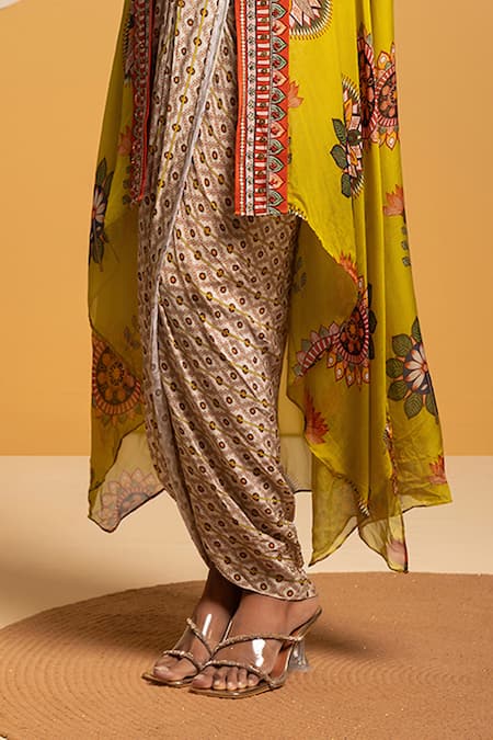 Shop_Soup By Sougat Paul_Cream Satin, Organza Zari, Taarani Printed Drape Dress With Embellished Jacket _Online_at_Aza_Fashions