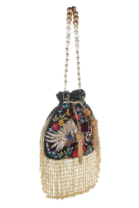 Buy Nazaakat By Samara Singh Black Embroidery, Beads, Tassels, Sequins Floral And Bird Beaded Potli Bag Online at Aza Fashions Buy_Nazaakat By Samara Singh_Black Embroidery, Beads, Tassels, Sequins Floral And Bird Beaded Potli Bag _Online_at_Aza_Fashions