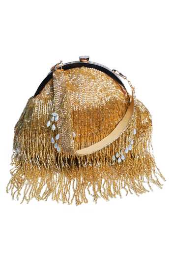Shop_Nazaakat By Samara Singh_Gold Beads, Fringe, Pearls Beaded Batua Bag With Detachable Handle _Online_at_Aza_Fashions